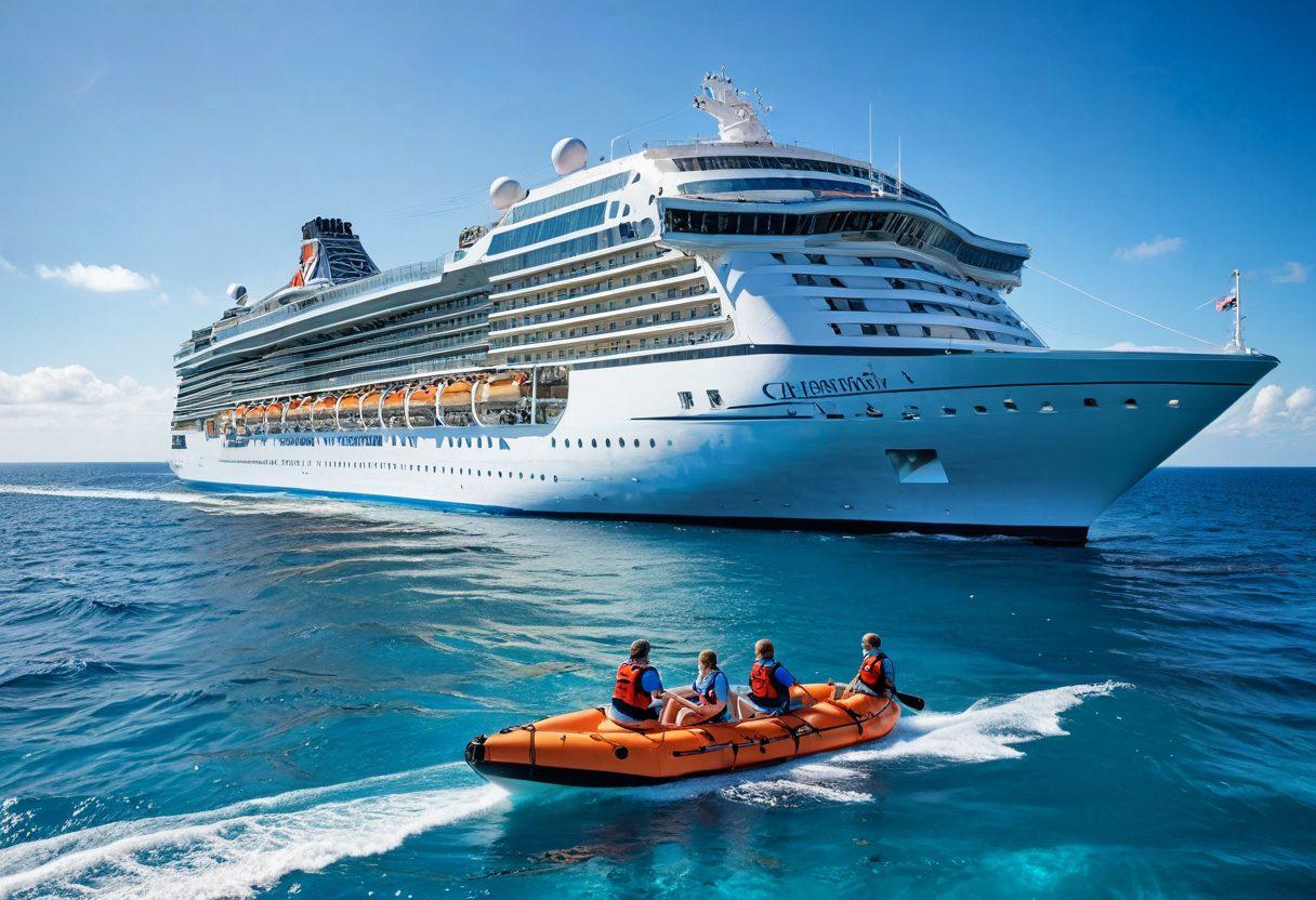 A serene scene of a cruise ship sailing through crystal-clear blue waters under a bright sun, with happy families enjoying various activities on deck. Include a large banner that highlights safety elements like life jackets and emergency drills, surrounded by lush tropical islands in the background. Illustrate a calming and joyful atmosphere that emphasizes the comfort of comprehensive trip protection for travelers. super-realistic. vibrant colors. white background.