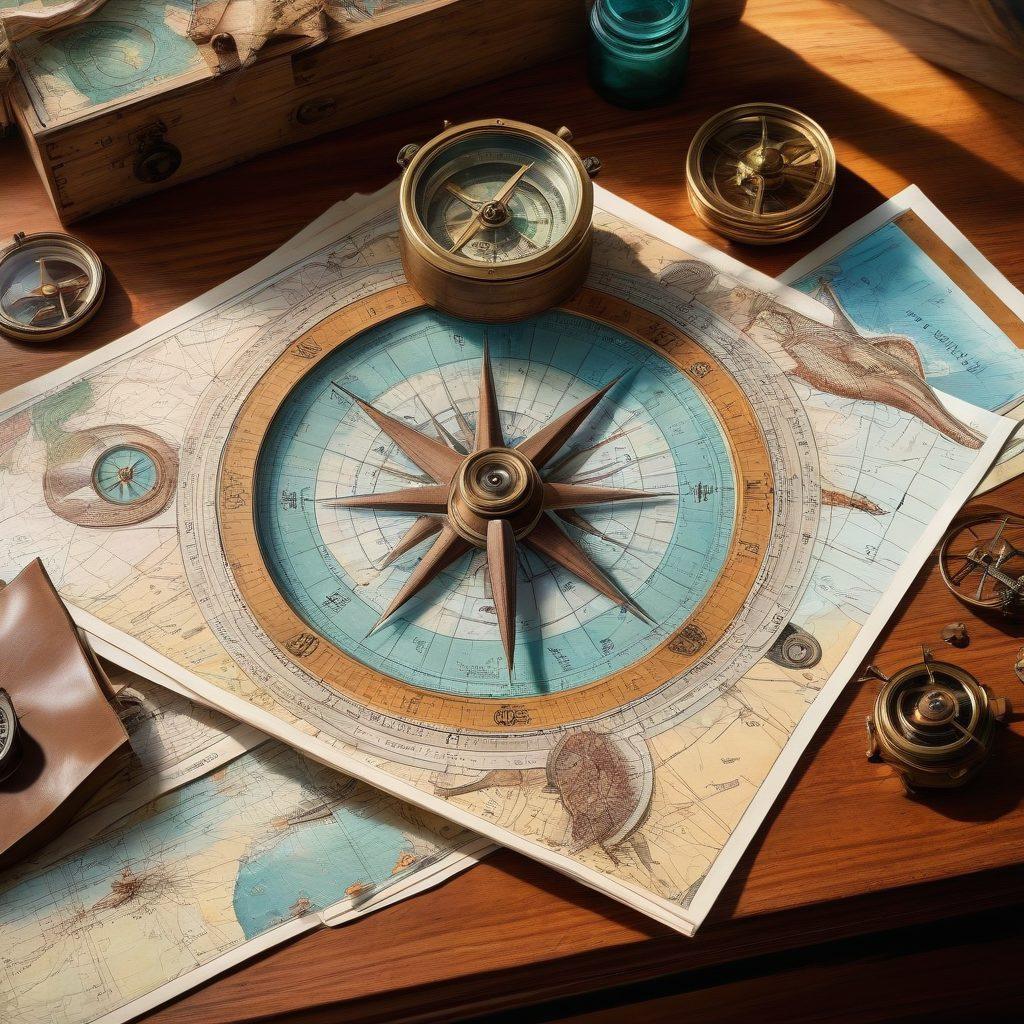 A whimsical nautical chart spread across a wooden table, featuring a compass, a vintage sextant, and illustrations of various sea creatures like dolphins and turtles. Overlay a semi-transparent layer of travel insurance documents and policy checklists. The setting should evoke a sense of adventure and exploration, with sunlight streaming through a window, casting shadows on the table. Illustrative style with vibrant colors and detailed textures.